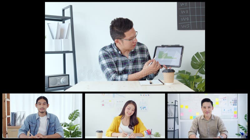 Collègues asiatiques du bureau d'hommes d'affaires sur l'équipe à distance en ligne visuelle de conférence téléphonique satisfaisa clips vidéos
