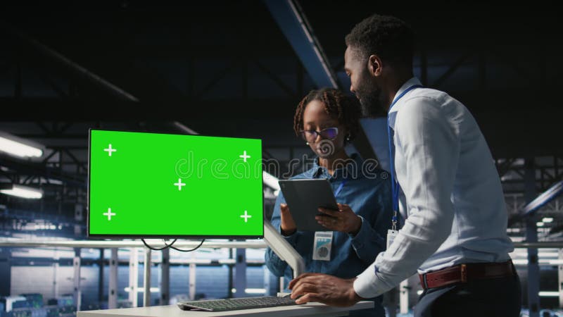 Collègues du datacenter travaillant sur l'infrastructure de mise à jour des PC à écran vert banque de vidéos