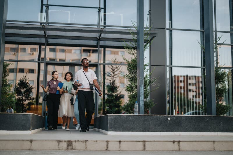 Collègues marchant à l'extérieur du bâtiment de bureau moderne après la réunion photos libres de droits