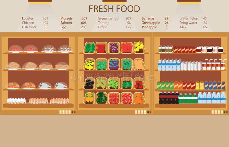 Colmado del supermercado con la comida fresca ilustración del vector Colmado del supermercado con la comida fresca ilustración del vector