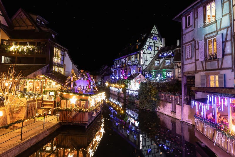 Colmar, France - december 1, 2019: Petite Venise or little Venice, Colmar, decorated at christmas time, Alsace, France