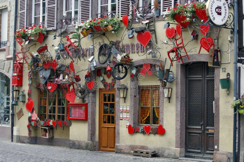 COLMAR, FRANCE - OCTOBER 08: Brasserie des Tanneurs - restaurant is very popular with both locals and tourists. An admirable solution of the exterior facade in Colmar, France on October 08, 2017. COLMAR, FRANCE - OCTOBER 08: Brasserie des Tanneurs - restaurant is very popular with both locals and tourists. An admirable solution of the exterior facade in Colmar, France on October 08, 2017