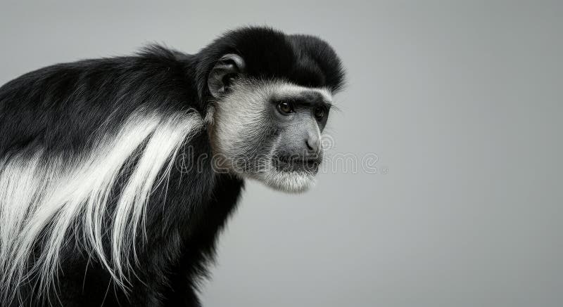 Colobus monkey with black and white fur in profile against gray background stock photos