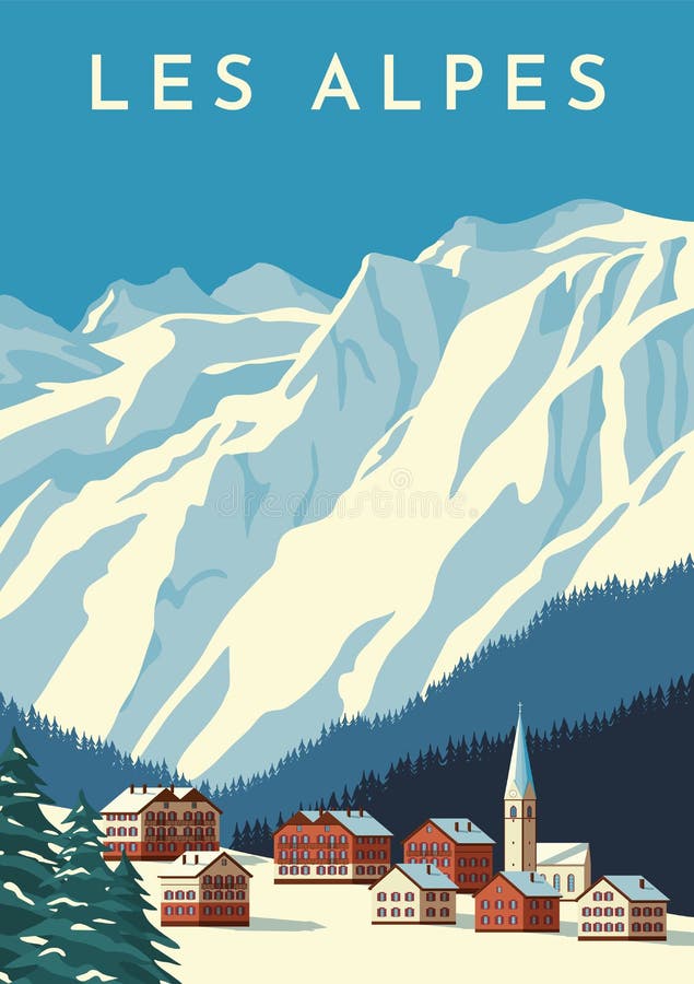 Coloca o cartaz retrô de viagem, banner vintage Aldeia das montanhas da Áustria, paisagem de inverno da Suíça Ilustração de vetor