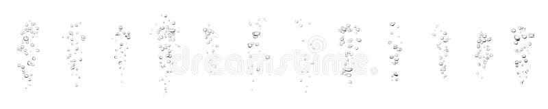 Set water bubble black oxygen air, in underwater clear liquid with bubbles flowing up on the water surface, isolated on a white background. Set water bubble black oxygen air, in underwater clear liquid with bubbles flowing up on the water surface, isolated on a white background