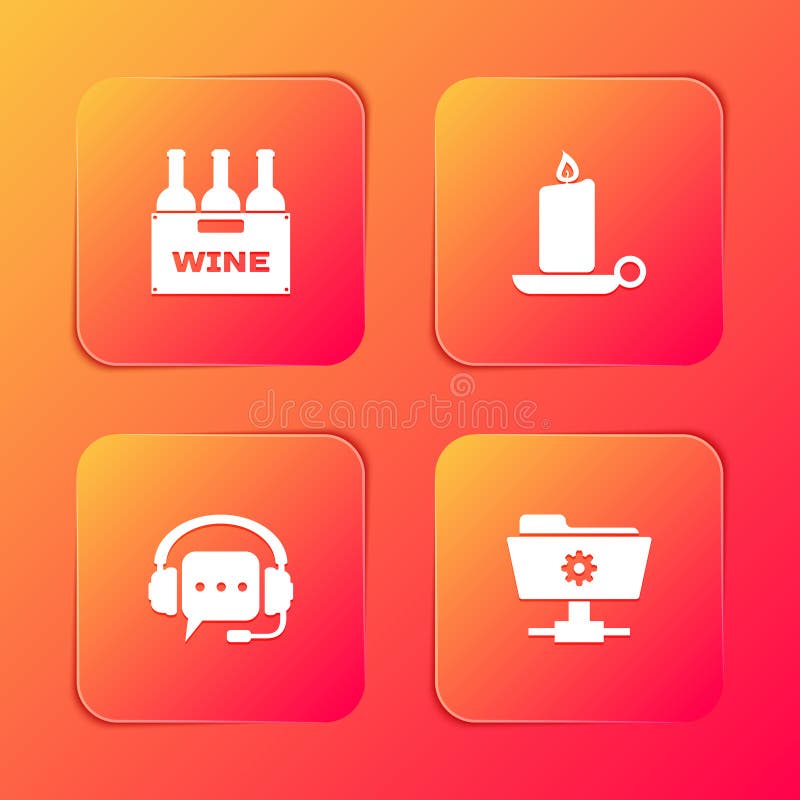 Set Bottles of wine in box, Burning candle candlestick, Headphones with speech bubble and FTP settings folder icon. Vector. Set Bottles of wine in box, Burning candle candlestick, Headphones with speech bubble and FTP settings folder icon. Vector.