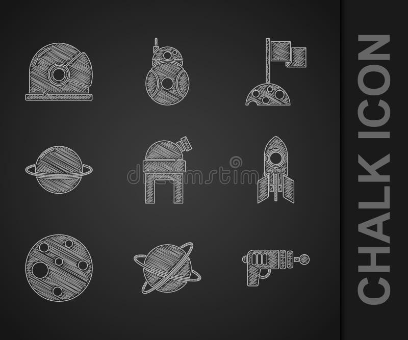 Set Astronomical observatory Satellites orbiting the planet Ray gun Rocket ship Planet Mars Saturn Moon with flag and Astronaut helmet icon. Vector. Set Astronomical observatory Satellites orbiting the planet Ray gun Rocket ship Planet Mars Saturn Moon with flag and Astronaut helmet icon. Vector.