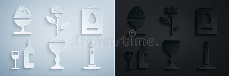 Set Wine glass Greeting card with Happy Easter bottle Burning candle candlestick Flower tulip and Chicken egg on stand icon. Vector. Set Wine glass Greeting card with Happy Easter bottle Burning candle candlestick Flower tulip and Chicken egg on stand icon. Vector.