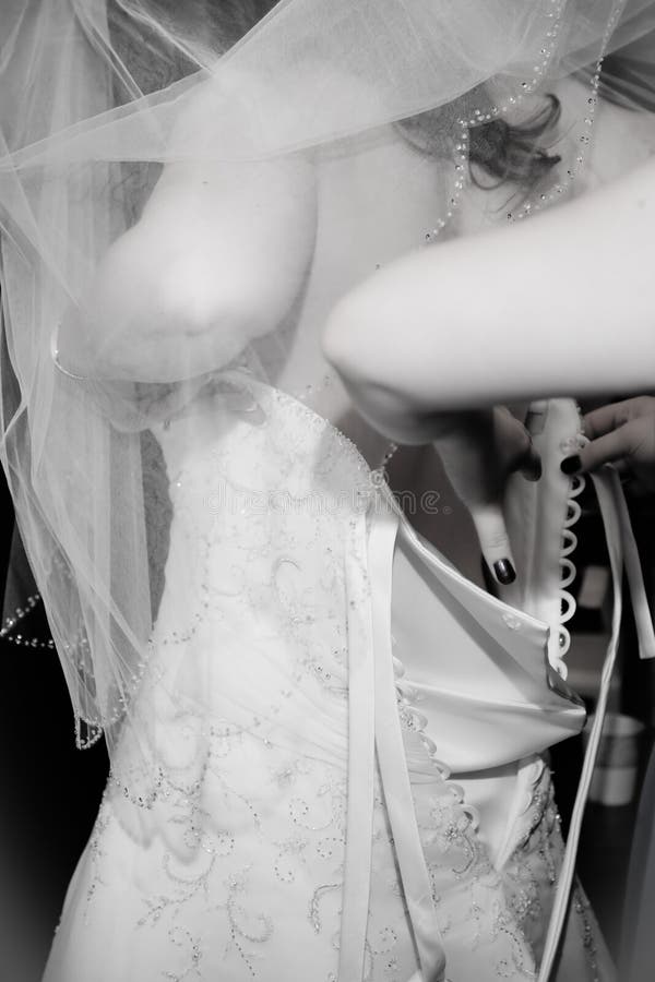 Monochrome shot of a bride getting help to lace up the back of her wedding gown. Monochrome shot of a bride getting help to lace up the back of her wedding gown.