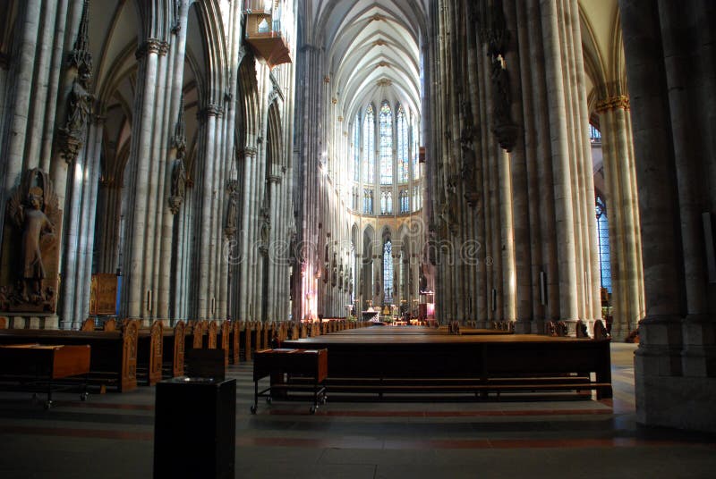 Cologne Cathedral (Kolner Dom, official name Hohe Domkirche St. Peter und Maria) is one of the best-known architectural monuments in Germany and has been Cologne's (Koln's) most famous landmark since its completion in the late 19th century. The cathedral is under the administration of the Roman Catholic Church and is the seat of the Archbishop of Cologne. From 1880, when its spires were completed, it was the world's tallest structure, losing its title on the completion of the Washington Monument in Washington DC, 1884. Cologne Cathedral remains the second-tallest Gothic structure in the world; only the steeple of the Ulm Munster is higher. Construction of the gothic church began in 1248 and took, with interruptions, more than 600 years to complete - it was finally finished in 1880. The two towers are 157m tall, the cathedral is 144m long and 86m wide. The cathedral is dedicated to Saints Peter and Mary. It was built on the site of a 4th century Roman temple, a square edifice known as the 'oldest cathedral' and commissioned by Maternus, the first Christian bishop of Cologne. A second church built on the site, the so-called Old Cathedral, was completed in 818. This burned down on April 30, 124. Cologne Cathedral (Kolner Dom, official name Hohe Domkirche St. Peter und Maria) is one of the best-known architectural monuments in Germany and has been Cologne's (Koln's) most famous landmark since its completion in the late 19th century. The cathedral is under the administration of the Roman Catholic Church and is the seat of the Archbishop of Cologne. From 1880, when its spires were completed, it was the world's tallest structure, losing its title on the completion of the Washington Monument in Washington DC, 1884. Cologne Cathedral remains the second-tallest Gothic structure in the world; only the steeple of the Ulm Munster is higher. Construction of the gothic church began in 1248 and took, with interruptions, more than 600 years to complete - it was finally finished in 1880. The two towers are 157m tall, the cathedral is 144m long and 86m wide. The cathedral is dedicated to Saints Peter and Mary. It was built on the site of a 4th century Roman temple, a square edifice known as the 'oldest cathedral' and commissioned by Maternus, the first Christian bishop of Cologne. A second church built on the site, the so-called Old Cathedral, was completed in 818. This burned down on April 30, 124