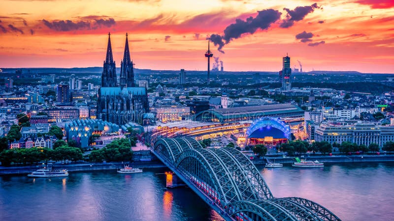 Cologne Koln Germany during sunset, Cologne bridge with cathedral