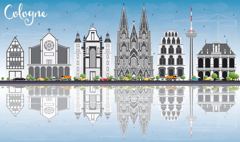 Cologne Skyline with Gray Buildings, Blue Sky and Reflections. stock illustration Cologne Skyline with Gray Buildings, Blue Sky and Reflections. stock illustration