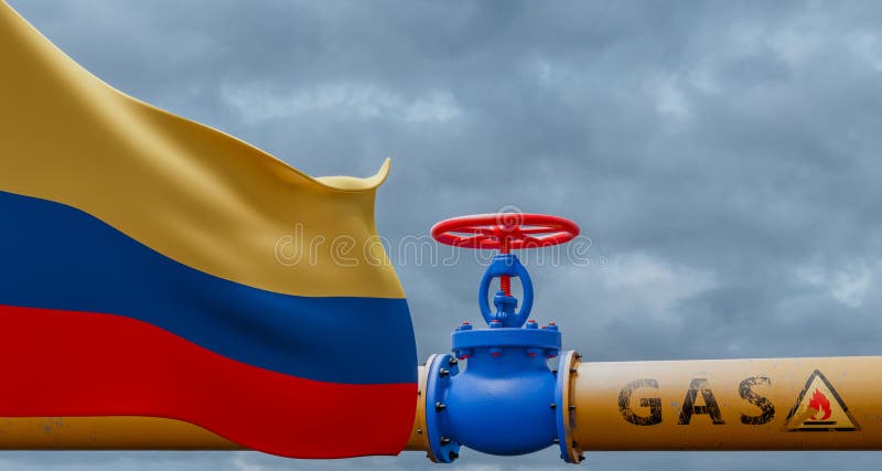 Colombia gas, valve on the main gas pipeline Colombia, Pipeline with flag Colombia, Pipes of gas from Colombia, 3D work and 3D vector illustration
