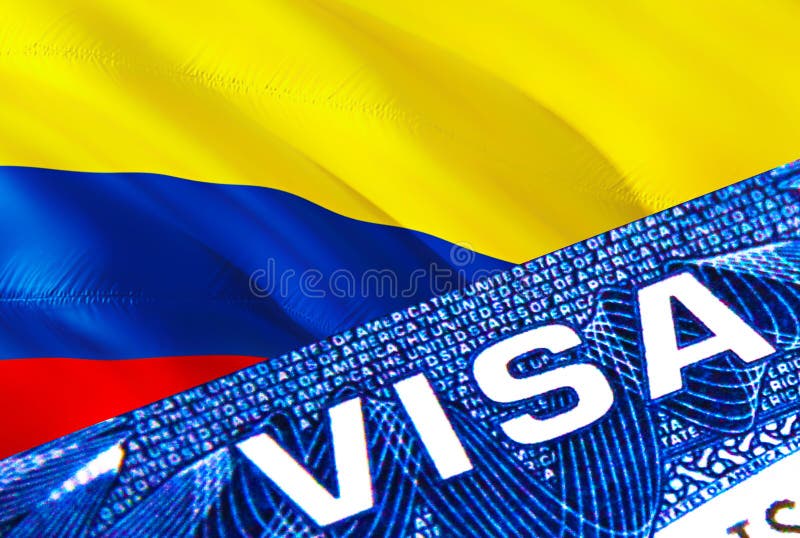 Colombia visa document close up. Passport visa on Colombia flag. Colombia visitor visa in passport,3D rendering. Colombia multi vector illustration