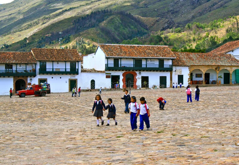 Colombian students, main square Villa de Leyva stock image