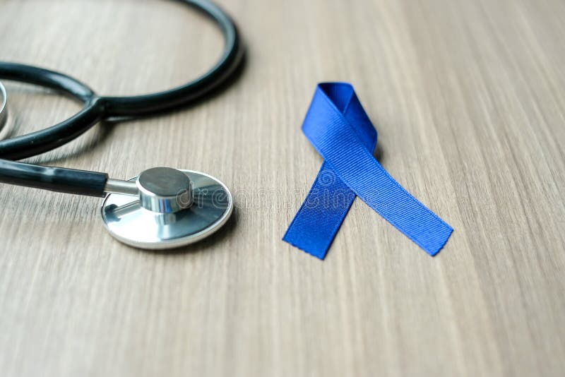 Colon Cancer Awareness, dark blue Ribbon with stethoscope for supporting people living