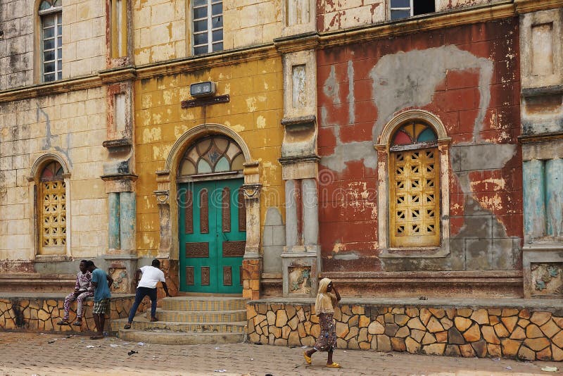 Colonial building of colorful mosque in porto novo, benin