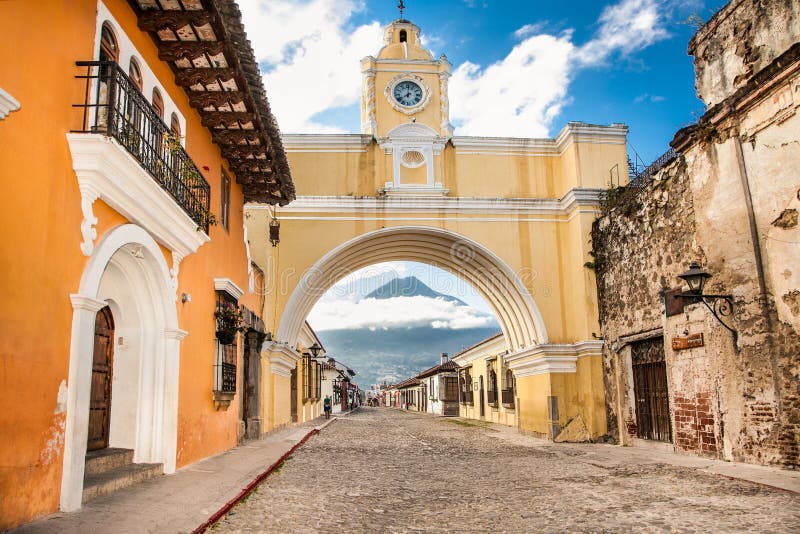 Colonial houses in tha street view of Antigua, Guatemala.