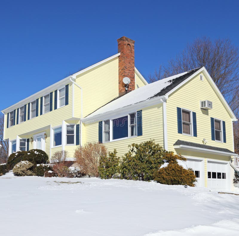 Colonial Style House in Winter Stock Photo - Image of american, blue