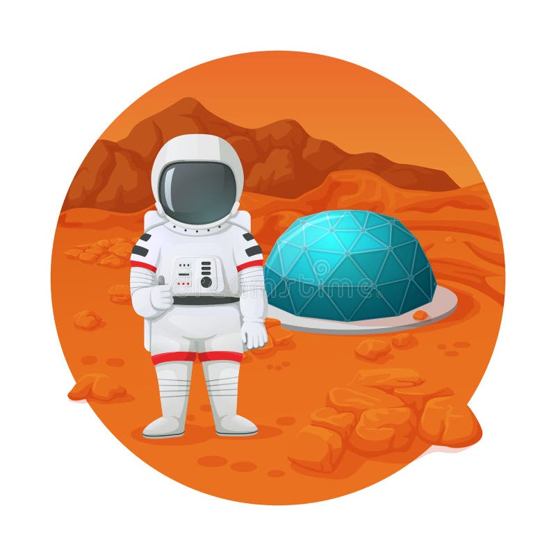 Colonization of mars. Astronaut making thumbs up gesture standing on the mars surface near settlement with protective dome. royalty free illustration