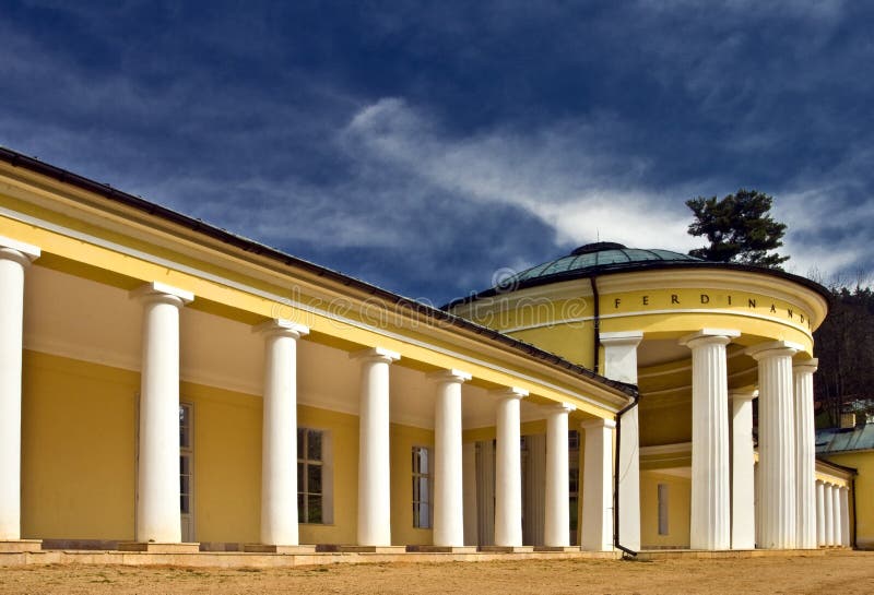 Pavilon Ferdinandova pramene, Mariánské Lázně, Západní Čechy s modrou oblohou.