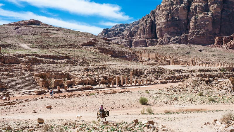 Travel to Middle East country Kingdom of Jordan - view of Colonnade Street and Great Temple in Petra town in winter