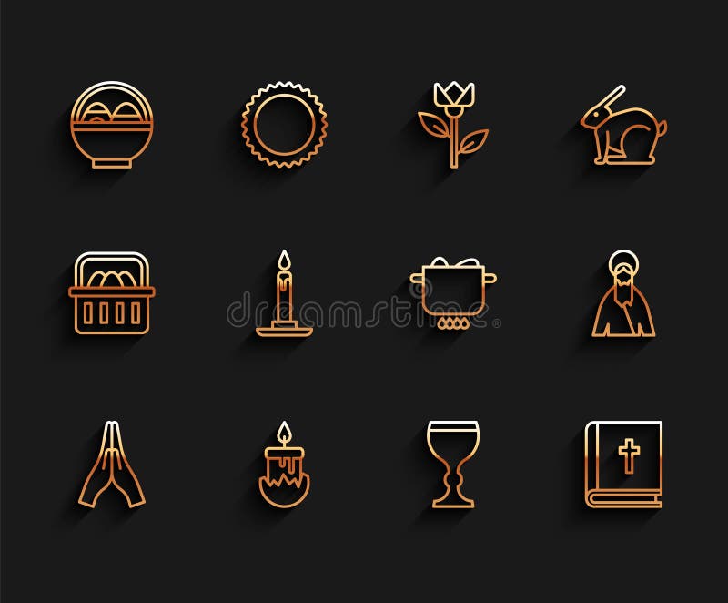 Set line Hands in praying position Burning candle Basket with easter eggs Wine glass Holy bible book candlestick Jesus Christ and Egg hot pot icon. Vector. Set line Hands in praying position Burning candle Basket with easter eggs Wine glass Holy bible book candlestick Jesus Christ and Egg hot pot icon. Vector.