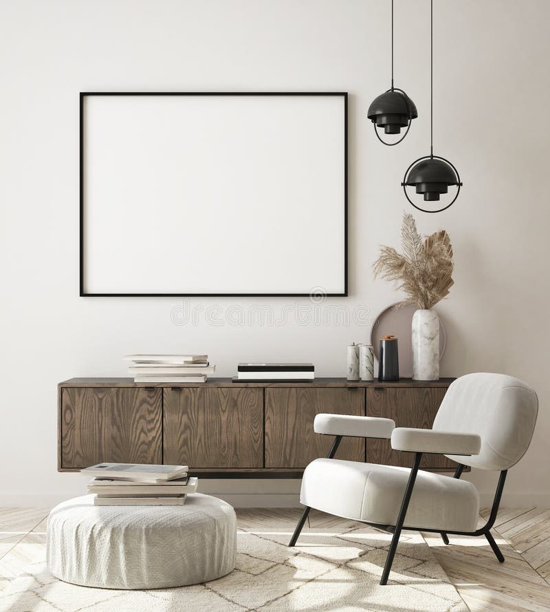 Coloque o cartaz no fundo moderno do interior, sala de estar, estilo escandinavo, renderização em 3D