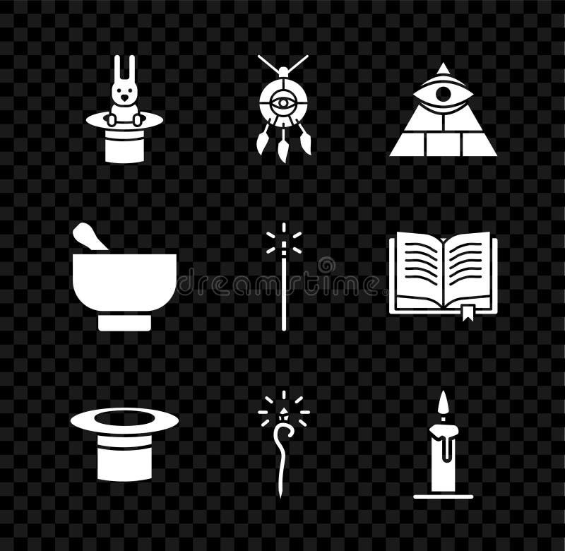 Set Magician hat and rabbit Dream catcher with feathers Masons staff Burning candle in candlestick mortar pestle and wand icon. Vector. Set Magician hat and rabbit Dream catcher with feathers Masons staff Burning candle in candlestick mortar pestle and wand icon. Vector.