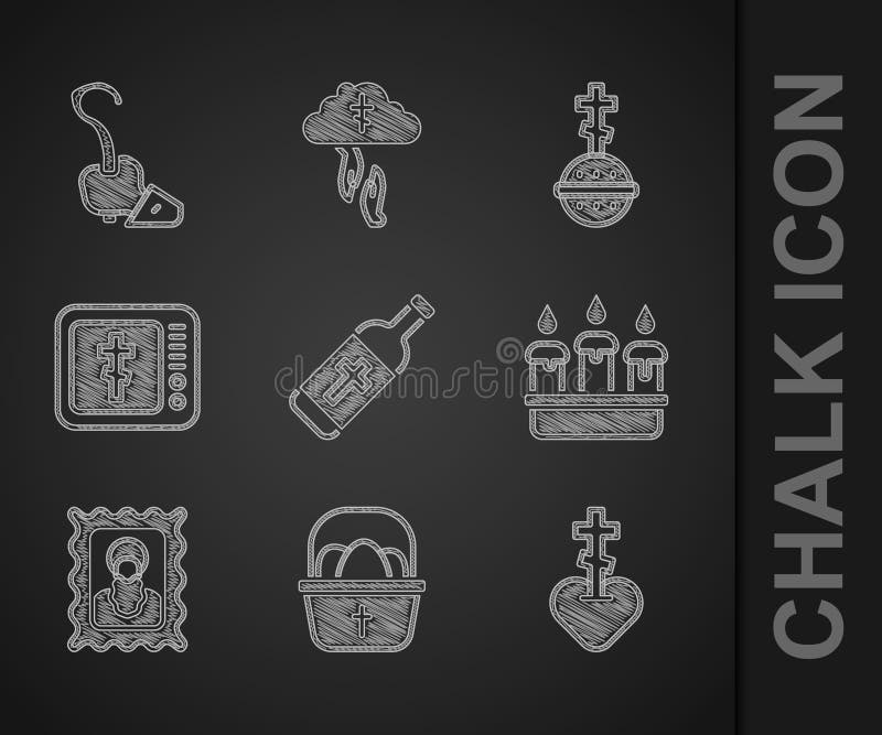 Set Holy water bottle Basket with easter eggs Religious cross in heart Burning candle candlestick Christian icon Online church pastor preaching and Magic staff icon. Vector. Set Holy water bottle Basket with easter eggs Religious cross in heart Burning candle candlestick Christian icon Online church pastor preaching and Magic staff icon. Vector.