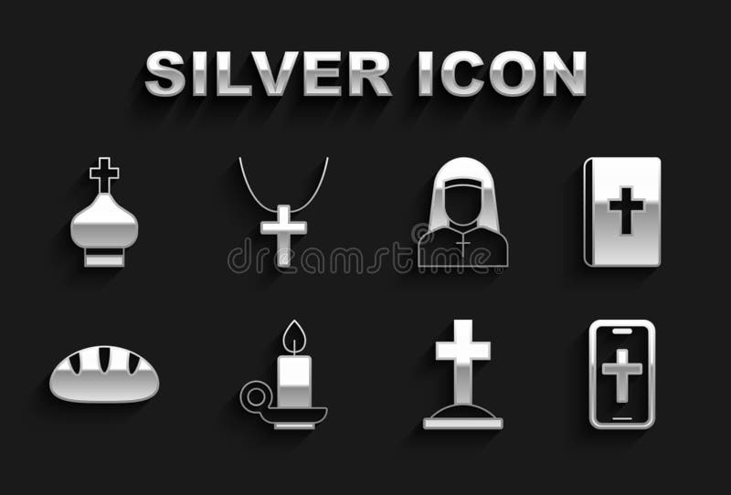 Set Burning candle in candlestick Holy bible book Christian cross on phone Grave with bread Nun church tower and chain icon. Vector. Set Burning candle in candlestick Holy bible book Christian cross on phone Grave with bread Nun church tower and chain icon. Vector.