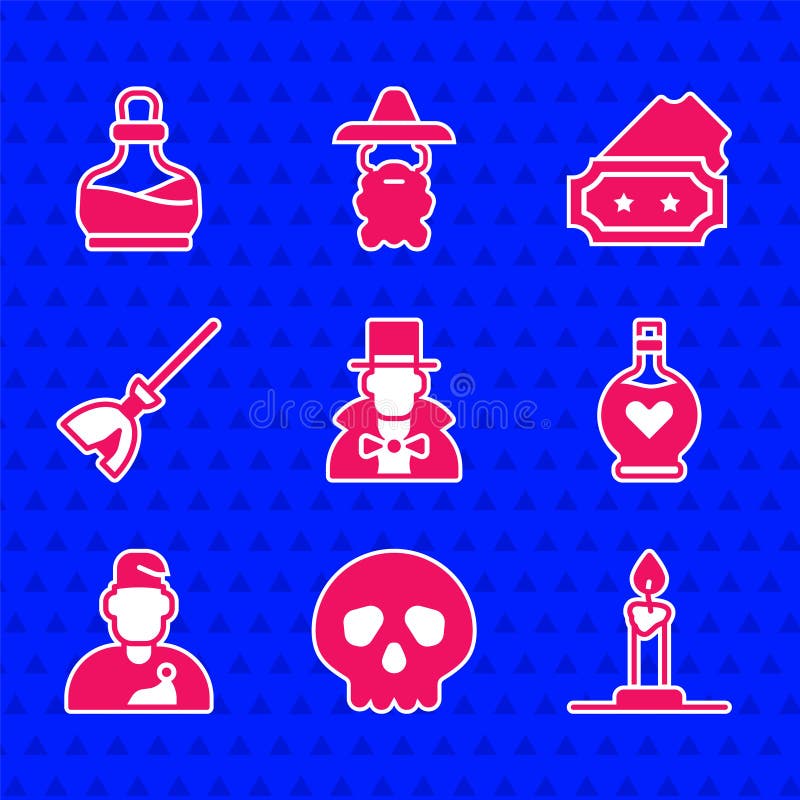 Set Magician Skull Burning candle in candlestick Bottle with love potion Wizard warlock Witches broom Ticket and icon. Vector. Set Magician Skull Burning candle in candlestick Bottle with love potion Wizard warlock Witches broom Ticket and icon. Vector.