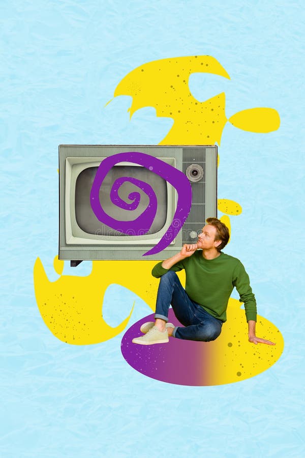 Coloquio de boceto Art 3d del hombre de mente sostiene el monitor de la televisión chin sit influencia hipnosis de la transmisión fotos de archivo