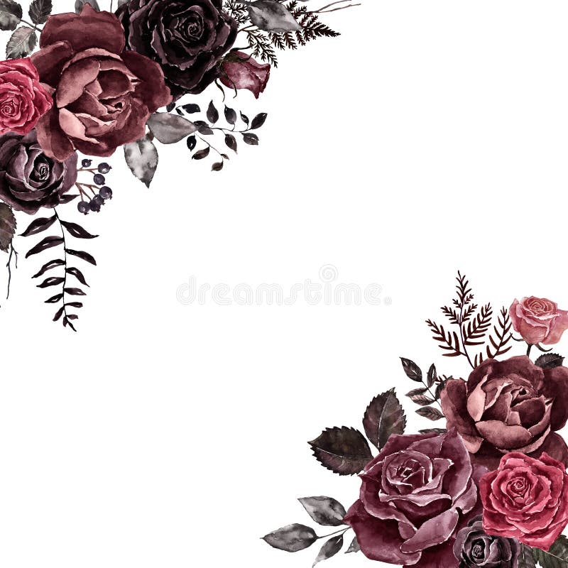 Color acquarello rosso scuro borghese marsala e rose nere in stile gotico vittoriano di confine floreale. telaio floreale