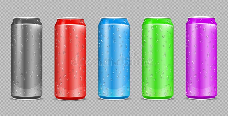 Color aluminium cans. Realistic water drops on drink steel bottles. Can isolated on transparent background. Metal beer or soda package vector mockup. Illustration aluminium container with beverage
