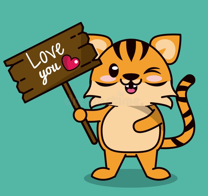 Color background with cute kawaii animal stripe tiger standing with wooden sign love you stock illustration Color background with cute kawaii animal stripe tiger standing with wooden sign love you stock illustration