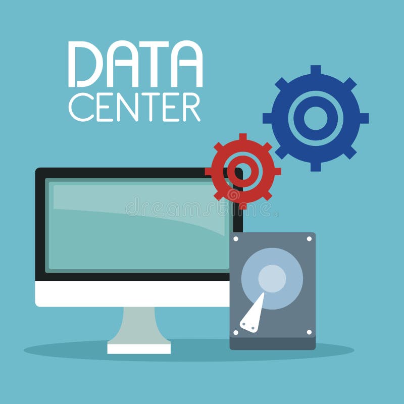 Color background with display computer and hard drive with gears symbol and text data center royalty free illustration Color background with display computer and hard drive with gears symbol and text data center royalty free illustration