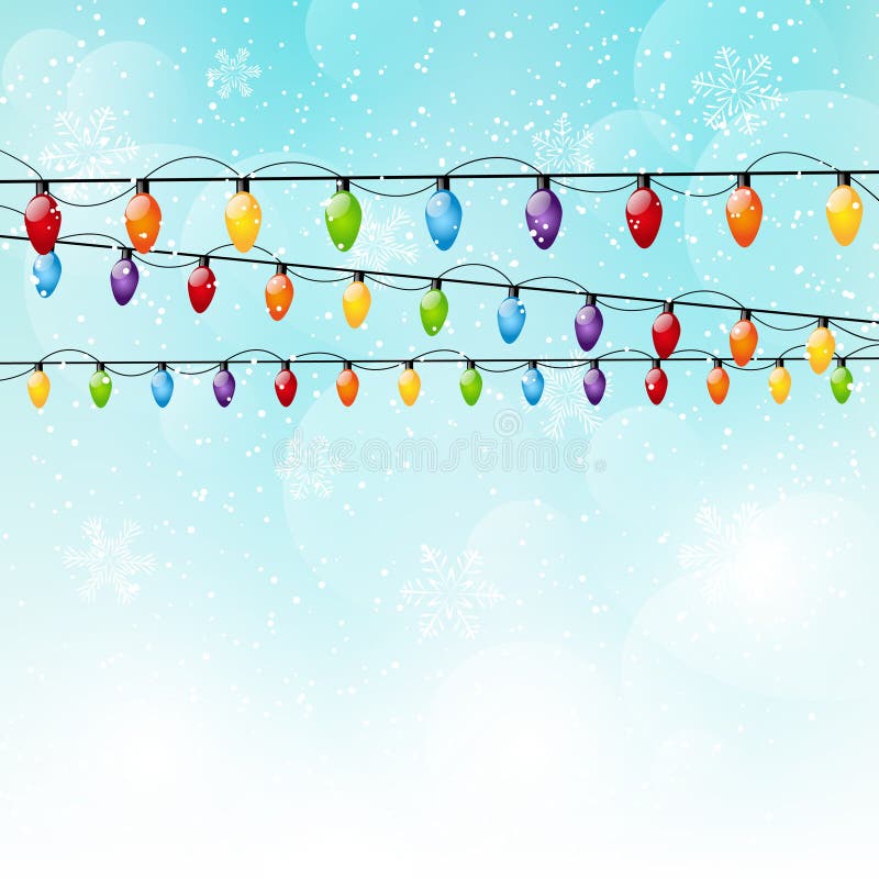 Color Christmas light bulbs on sky background