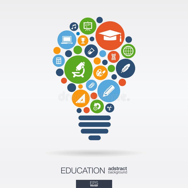 Color circles, flat icons in a bulb shape: education, school, science, knowledge, elearning concepts. Abstract background