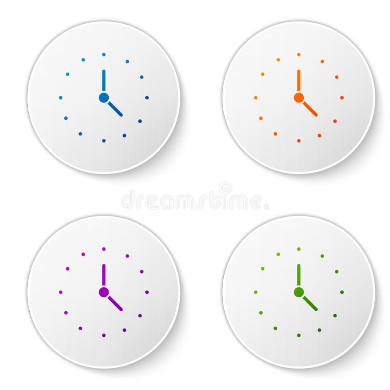 Color Clock icon isolated on white background. Time symbol. Set icons in circle buttons. Vector stock illustration