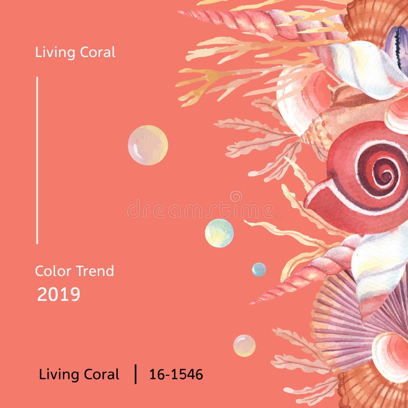 Color Coral 2019 trendy, Sea shell marine life summertime travel the beach, aquarelle isolated vector. Creative, seaweed.