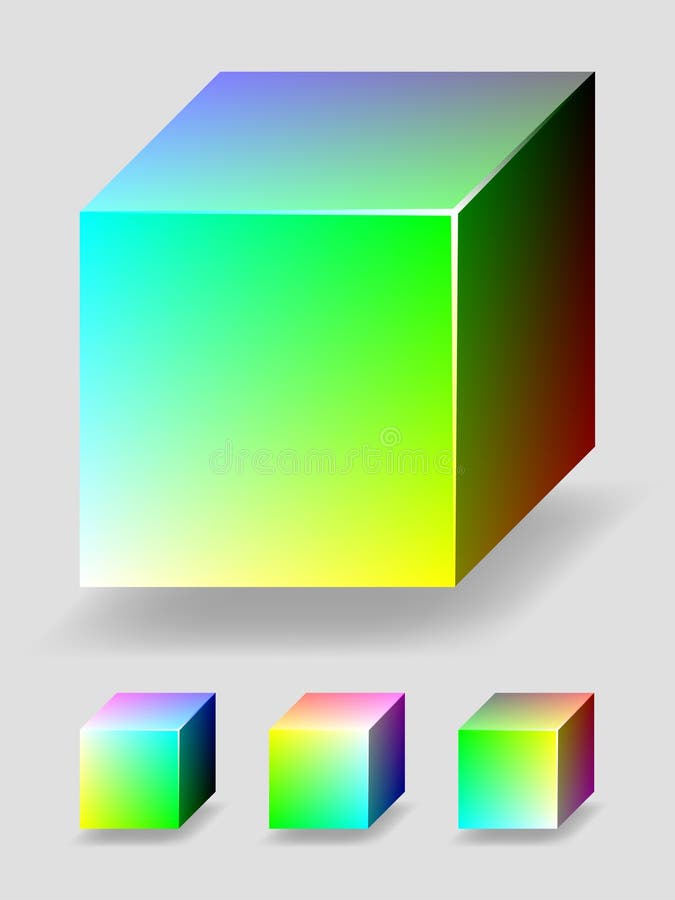 Color cube - cyan and yellow. Vector color cube with cyan and yellow gradients, representing a part of RGB color space. 4 different views