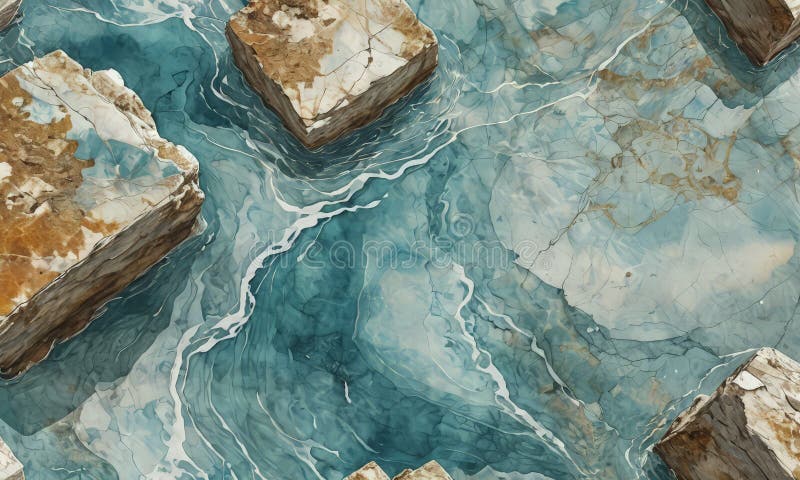 Color de agua pintura rocoso con rocas variadas en tonos marrón blanco y azul con luz ilustración del vector