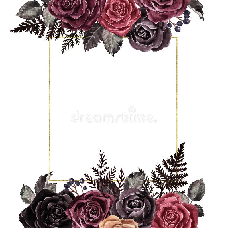 Watercolor dark roses floral border, vintage victorian gothic style. Burgundy, red, maroon and black rose wreath with golden geometric frame, isolated on white background with space for text, flower, bouquet, flowers, purple, romantic, autumn, retro, tropical, foliage, hand, painted, illustration, botanical, valentine, beautiful, boho, template, gypsy, greeting, leaf, painting, wedding, invitation, elegant, green, plant, card, design, art, nature, summer, blossom. Watercolor dark roses floral border, vintage victorian gothic style. Burgundy, red, maroon and black rose wreath with golden geometric frame, isolated on white background with space for text, flower, bouquet, flowers, purple, romantic, autumn, retro, tropical, foliage, hand, painted, illustration, botanical, valentine, beautiful, boho, template, gypsy, greeting, leaf, painting, wedding, invitation, elegant, green, plant, card, design, art, nature, summer, blossom