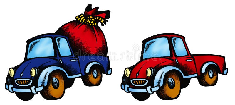 Colored cartoon illustration of a car with present and without. Colored cartoon illustration of a car with present and without