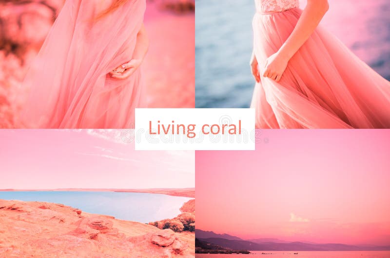 Color de la inscripción coralina viva del año 2019 Collage hermoso de ocho fotos del mar, lago, mujeres en un vestido foto de archivo libre de regalías Color de la inscripción coralina viva del año 2019 Collage hermoso de ocho fotos del mar, lago, mujeres en un vestido foto de archivo libre de regalías