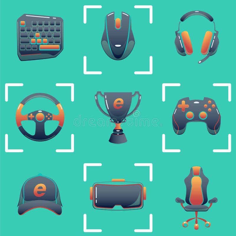 Online game inventory color icons set. Esports, cybersports. Battle royale.  Computer, video game equipment. Soldier,…