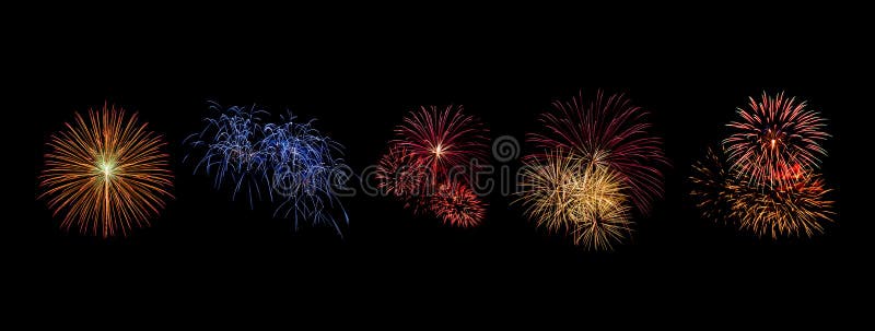 Color fireworks set light up on sky with dazzling display on black background stock photography