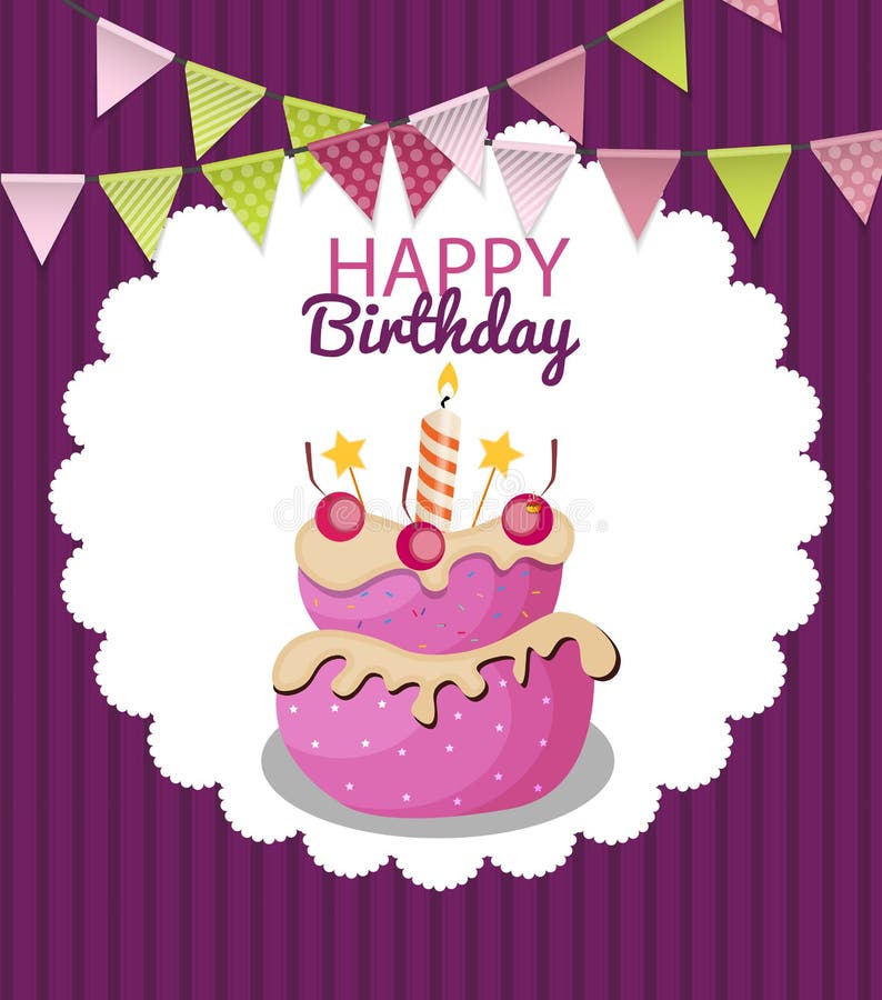 Color Glossy Happy Birthday Flags and Cake Banner Background Vector ...