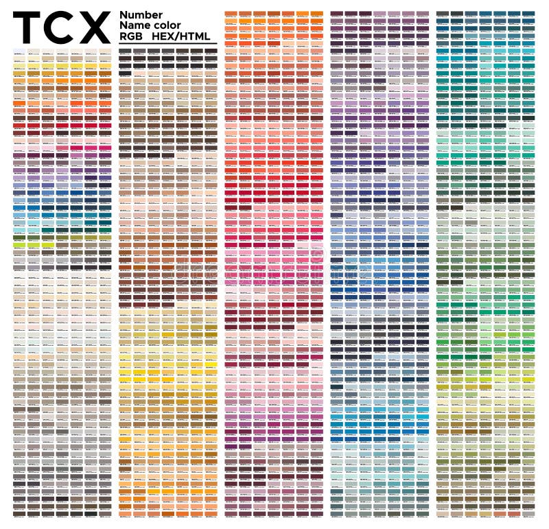 Color table Pantone FHI system. Vector color palette with number, named color swatches, chart conform to pantone RGB, HTML and HEX